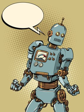 Vücut geliştirmede güçlü kollara sahip güçlü bir robot pozu, yapay zeka, teknik devrim. Popüler sanat retro vektör illüstrasyon klasikleri 50 'lerin 60' ların tarzı