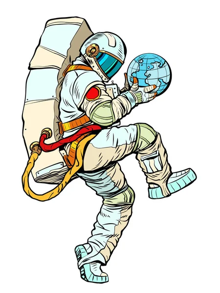 地球を手にした宇宙飛行士生態科学と世界経済をテーマに 面白いポーズの男だ ポップアートレトロベクトルイラストキッチュヴィンテージ50年代スタイル — ストックベクタ