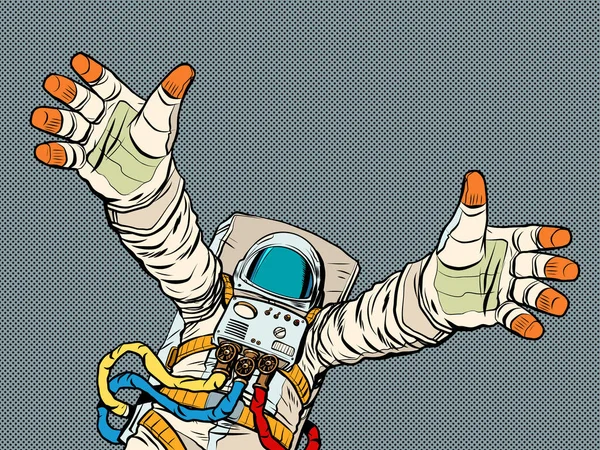 Vreugdevolle Astronautenknuffels Vriendelijke Ontmoeting Goede Vriend Buitenaards Contact Pop Art — Stockvector