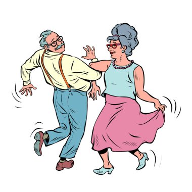 Yaşlı çift yaşlı adam ve yaşlı kadın dans ediyor. Emekliler dinleniyor. Yaşam tarzı. Müzik ve sanat. Pop art retro vektör illüstrasyon klasikleri 50 'lerin 60' ların tarzı