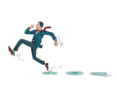 businessman runs fast through puddles, rain, wet weather. Pop art retro vector illustration comic caricature 50s 60s style vintage kitsch