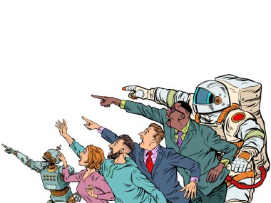 People point with their hand. Template advertising announcement news sale. Businessman woman man robot astronaut. Pop Art Retro Vector Illustration 50s 60s Style Kitsch Vintage Drawing