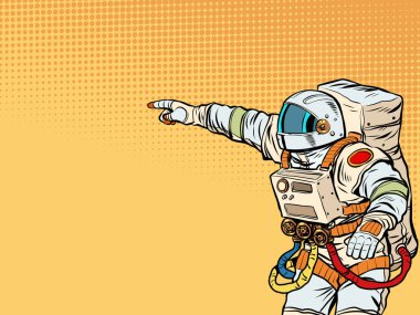Astronaut space science. People point with their hand. Template advertising announcement news sale. Pop art style. Pop Art Retro Vector Illustration 50s 60s Style Kitsch Vintage Drawing