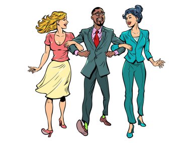 Date. A man with two girls. Unconventional marriage. Friends are walking. Pop Art Retro Vector Illustration 50s 60s Style Kitsch Vintage Drawing