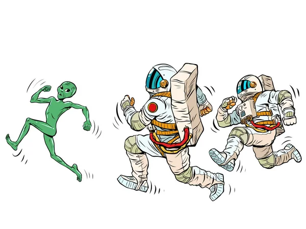 宇宙飛行士はエイリアンの後で走っている 宇宙警察だ ポップアートレトロベクトルイラスト Kitsch Vintage Style — ストックベクタ