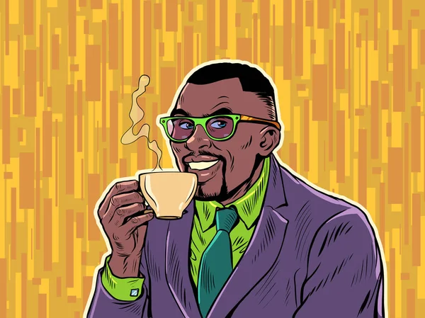 Joyful Businessman Drinking Morning Coffee Hot Drink Cappuccino Cocoa Tea — Stockvektor
