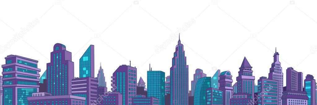 Modern city skyscrapers panorama of tall buildings, urban background. Pop art retro vector illustration comic caricature 50s 60s style vintage kitsch