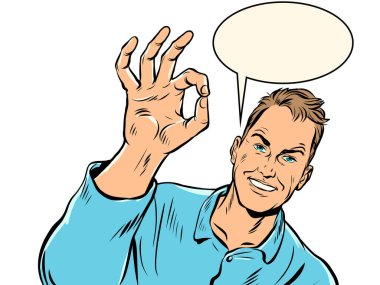 Erkek jesti, kalite tavsiyesi, el hareketi, reklam duyurusu. Popüler sanat retro vektör illüstrasyon klasikleri 50 'lerin 60' ların tarzı