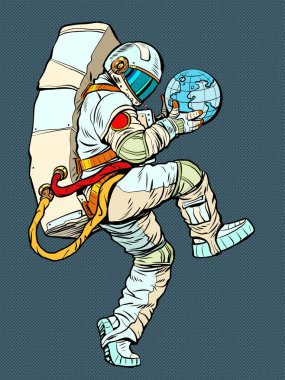Astronot dünyayı elinde tutuyor, ekoloji bilimi ve dünya ekonomisi teması. Komik duruşu olan bir adam. Popüler sanat retro vektör illüstrasyon klasikleri 50 'lerin 60' ların tarzı