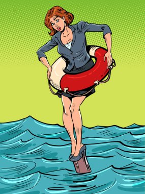 Hayat çizgisi, sigortası ve riskleri olan bir iş kadını, iflas tehlikesi, doğru karar. Popüler sanat retro vektör illüstrasyon klasikleri 50 'lerin 60' ların tarzı