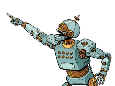 Yapay zeka robotu elleriyle işaret ediyor. Şablon reklam haber satışı. Pop sanat tarzı. Pop Art Retro Vector İllüstrasyon 50 'ler 60' lar Biçimli Kitsch Çizim