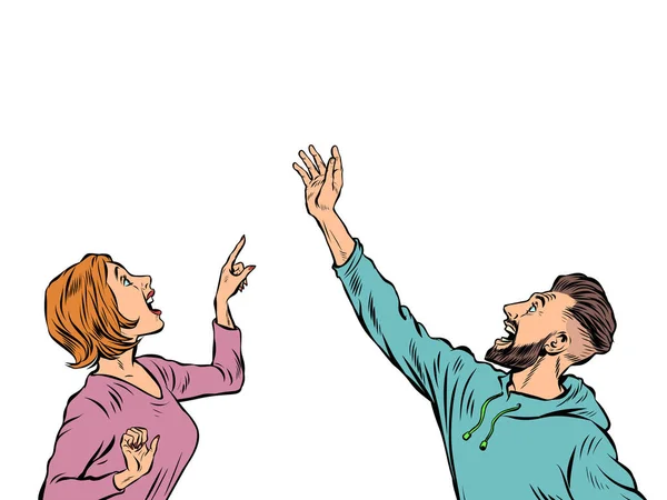 Woman Man Couple People Point Hand Template Advertising Announcement News — стоковый вектор