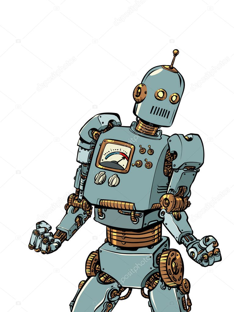 strong robot with powerful arms in bodybuilders pose, artificial intelligence, technical revolution. pop art retro vector illustration kitsch vintage 50s 60s style