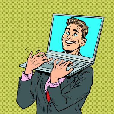 Dizüstü bilgisayarı olan bir iş adamı kafa yerine bir pop sanatçısı. Bilgisayar taşıyan elektronik bir cihaz. Ofis işleri retro vektör illüstrasyonu 50 'ler 60' lar stili klasik