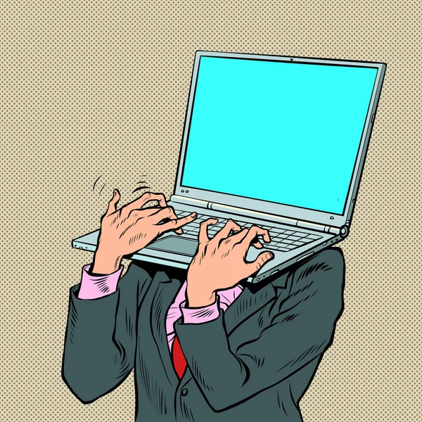 流行艺术商人用笔记本电脑而不是人头 带着计算机的电子设备 办公室工作 流行艺术复古矢量插图50年代风格Kitsch复古 — 图库矢量图片