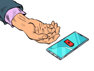 Telefonunun şarjı bittiği için bir işadamı öldü. Akü ve akümülatör teması. Pop art retro vektör illüstrasyonu 50 'ler 60' lar tarzı klasik