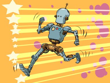 Robot kırmızı halı boyunca koşar. Lider Kahraman Pop sanatı retro vektör illüstrasyonu 50 'ler stili klasik