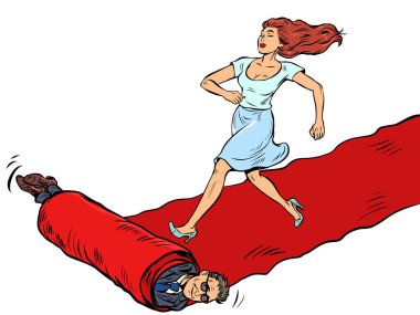 Film prömiyerindeki kırmızı halıdaki kadın kahraman. Kazanan devam eder. Pop art retro vektör illüstrasyonu 50 'ler 60' lar tarzı klasik