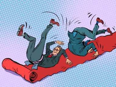 Bir iş adamı bir film galasının kırmızı halısını yuvarlıyor. Utanç komik düşüş. Pop art retro vektör illüstrasyonu 50 'ler 60' lar tarzı klasik