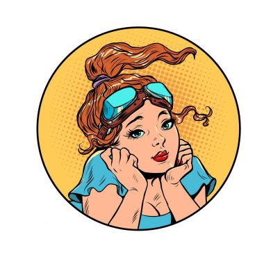 Retro pilot kadın güzel, düşünceli görünüyor, kafasında gözlük var. Pop sanat tarzı. Pop art retro vektör illüstrasyonu 50 'ler 60' lar tarzı klasik