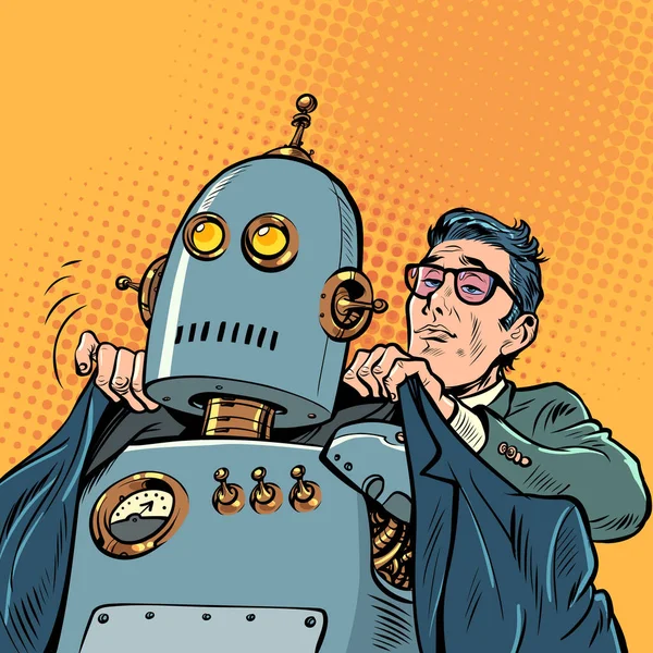 商人装扮成机器人老板 人工智能助理 机器人化的新技术 流行艺术复古矢量插图50年代风格Kitsch复古 — 图库矢量图片
