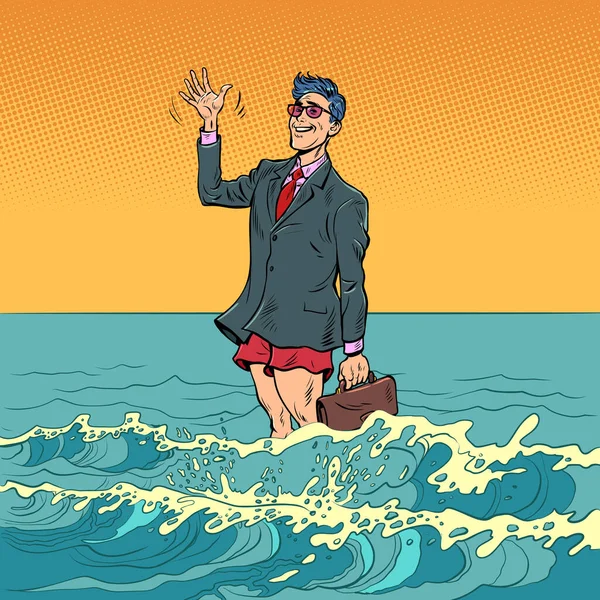 Businessman Vacation Man Stands Half Swimming Trunks Half Suit Ocean — Stock Vector