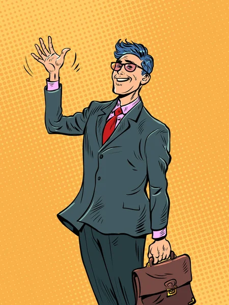 Pop Art Joyful Businessman Suit Greets Hello Hand Gesture Positive — Stock Vector