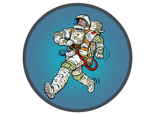 Űrhajós Győztese Büszkén Sétál Előre Űrruhás Űrhajós Pop Art Retro — Stock Vector