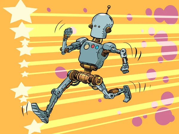 Robot Biegnie Czerwonym Dywanie Lider Bohater Pop Sztuka Retro Wektor — Wektor stockowy