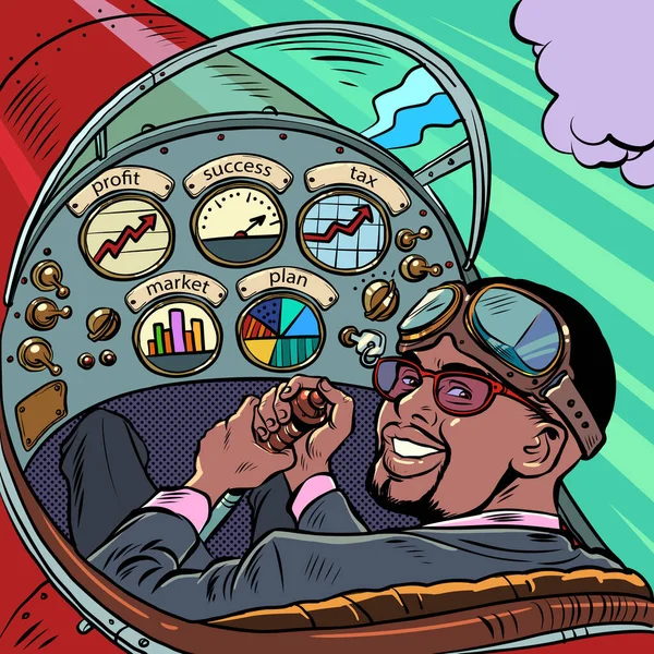 항공기 조종석에 아프리카 미국인 조종사가 비행기를 이끌고 조종사 Pop Art — 스톡 벡터