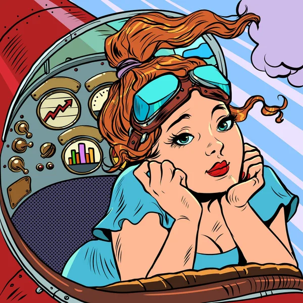 Cabina Avión Retro Mujer Piloto Lidera Avión Profesión Piloto Arte — Archivo Imágenes Vectoriales