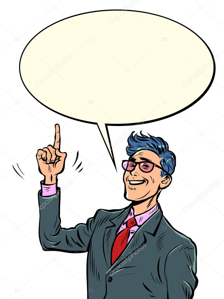 Pop art Joyful businessman points his finger up. Confidence and leadership. Direction retro vector illustration 50s 60s style kitsch vintage