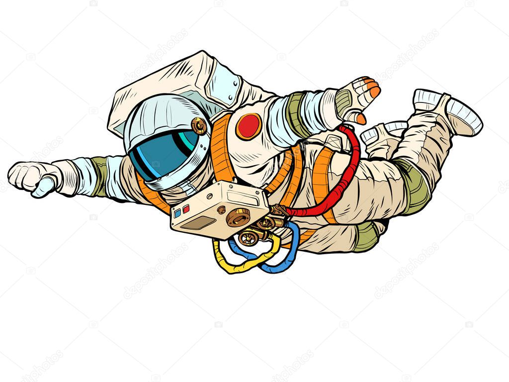 An astronaut in a spacesuit flies forward like a superhero. Weightlessness. Pop art retro vector illustration 50s 60s style kitsch vintage