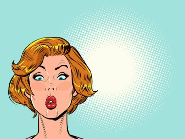 Popüler sanat şaşırmış bir kadın. Dikkat dedikodu haberleri evrensel boş arkaplan şablonu retro vektör illüstrasyonu 50 'ler 60' lar tarzı klasik