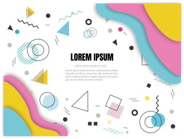 Memphis stilinden esinlenilen arkaplan farklı geometrik şekiller ve farklı renklerin birleştirilmesi.