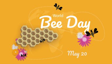 Turuncu arka plan ve beyaz metin üzerinde çiçekler ve arılar olan World Bee Day.bee bal peteği. Kopyala uzayı. Vektör illüstrasyonu.