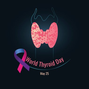 Dünya Tiroid Günü. Soluk borusu ve tiroidin koyu arkaplanda mavi ve pembe tonlarda vektör çizimi..