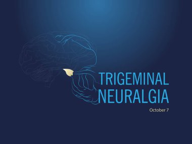 Uluslararası Trigeminal Neuralgia Günü. 7 Ekim Beyin silueti ve açık mavi renkli sinir dalları mavi arka planda başlık rengine geçecek.