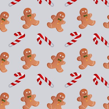 Üzerinde Noel şekeri ve gri arka planda zencefilli kurabiye olan desenler. Vektör illüstrasyonu