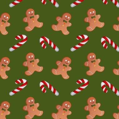 Yeşil arka planda Noel şekeri ve zencefilli kurabiye adam deseni. Vektör illüstrasyonu