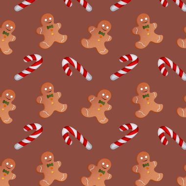 Kahverengi arka planda Noel şekeri ve zencefilli kurabiye adam deseni. Vektör illüstrasyonu