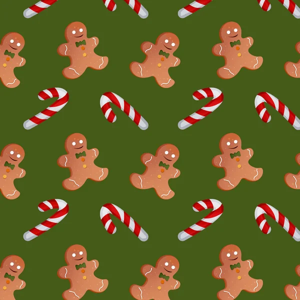 Padrão Com Doces Natal Homens Gengibre Fundo Verde Ilustração Vetorial — Vetor de Stock