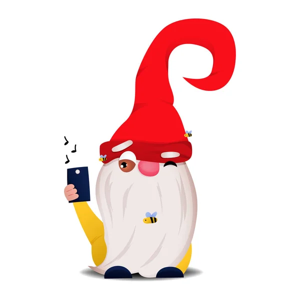 白い背景に携帯電話で小さなノーム 面白いベクトルイラスト 面白い漫画のキャラクター — ストックベクタ