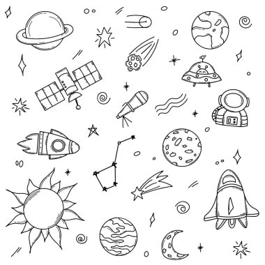 Uzay nesneleri, gezegenler, yıldızlar, uçan daire, roket, güneş uzayı, bilim. Vektör