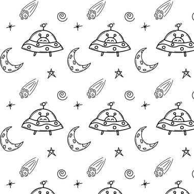 Uzay plakalı bir desen, bir uzaylı, bir göktaşı ve karalama tarzı bir ay. Uzay, bilim. Vektör