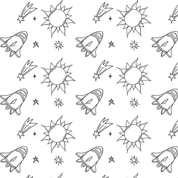Pattern Planets Shooting Star Doodle Style Rocket Space Science Vector — Stock Vector