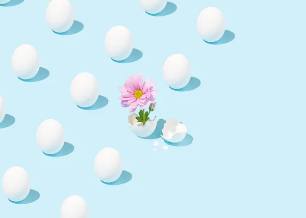 Motif Créatif Pâques Composé Œufs Blancs Fleurs Jaillissant Coquille Œuf Image En Vente