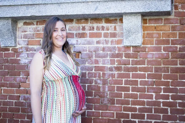 Seven Month Pregnant Woman Outdoors Multi Colored Striped Dress Day — Stock Photo, Image