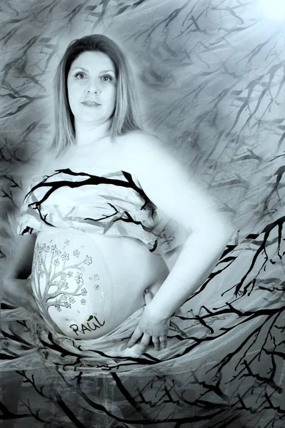 Femme Enceinte Avec Dessin Sur Ventre Peinture Corporelle — Photo