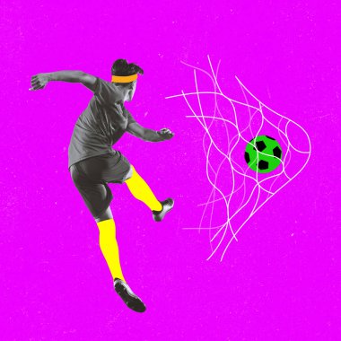 Yaratıcı sanat eserleri, genç erkek sporcunun tasarımı, mor arka planda hareket eden profesyonel futbolcu. Çizilmiş top